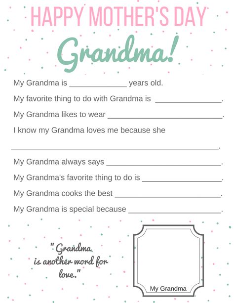 Happy Mothers Day Grandma Card Printable